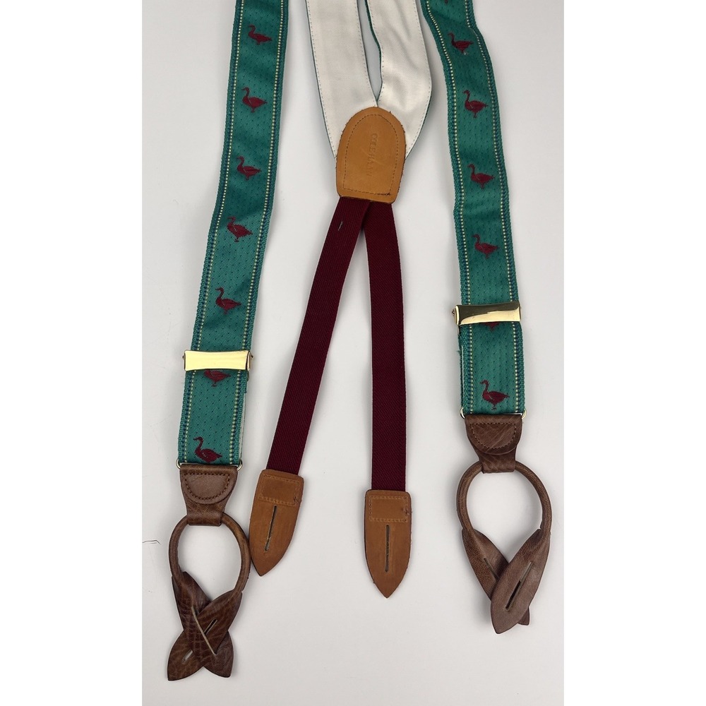 Vintage Cole Haan Suspenders Duck Goose Green Red Leather Braces Cottagecore 90s